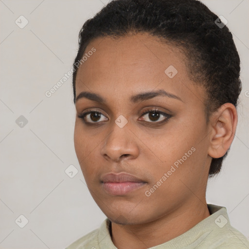 Neutral black young-adult female with short  brown hair and brown eyes