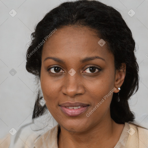 Joyful black young-adult female with medium  black hair and brown eyes