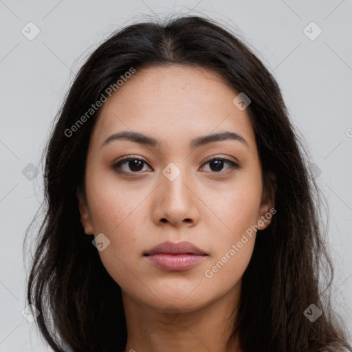 Neutral white young-adult female with long  brown hair and brown eyes