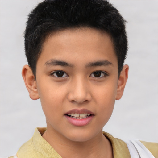 Joyful asian child male with short  brown hair and brown eyes
