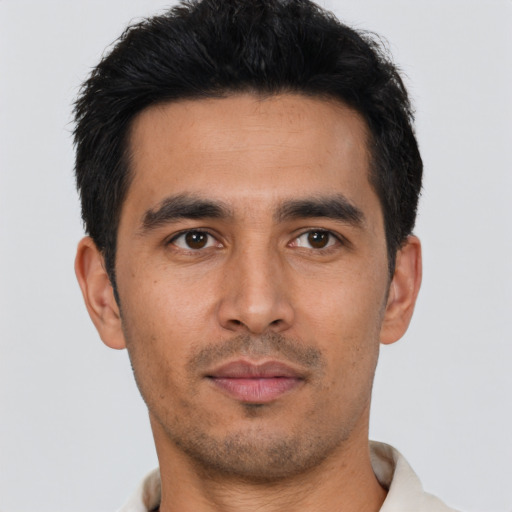 Neutral asian young-adult male with short  black hair and brown eyes