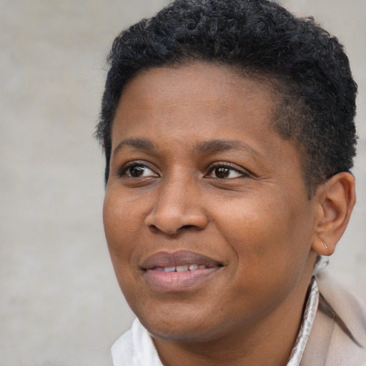Joyful black adult female with short  brown hair and brown eyes