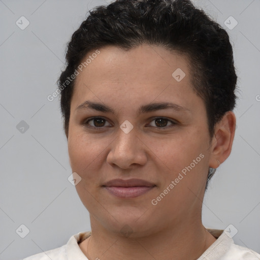 Joyful white young-adult female with short  brown hair and brown eyes