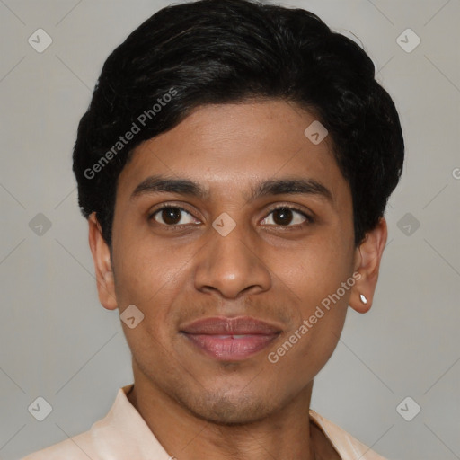 Joyful latino young-adult male with short  black hair and brown eyes