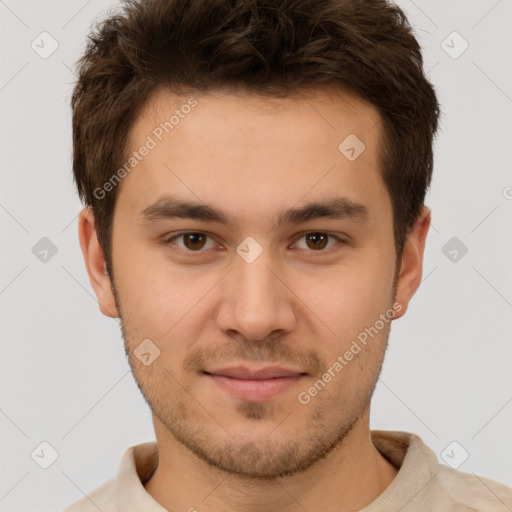 Neutral white young-adult male with short  brown hair and brown eyes