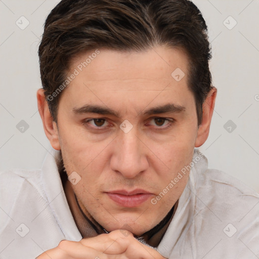 Neutral white adult male with short  brown hair and brown eyes