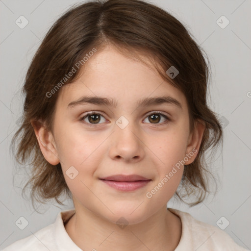 Joyful white child female with medium  brown hair and brown eyes