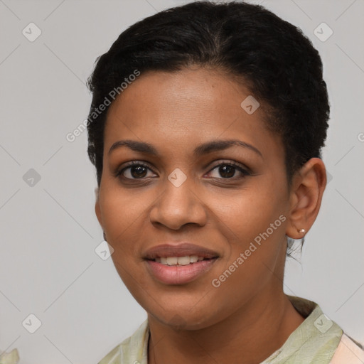 Joyful latino young-adult female with short  brown hair and brown eyes