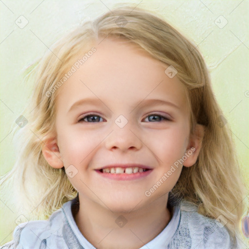 Joyful white child female with medium  brown hair and blue eyes