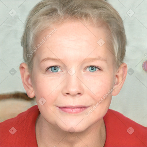 Joyful white young-adult female with short  brown hair and blue eyes