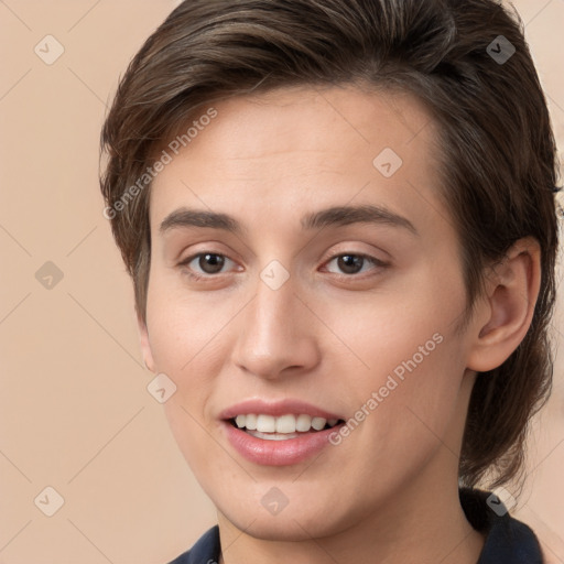 Joyful white young-adult female with medium  brown hair and brown eyes