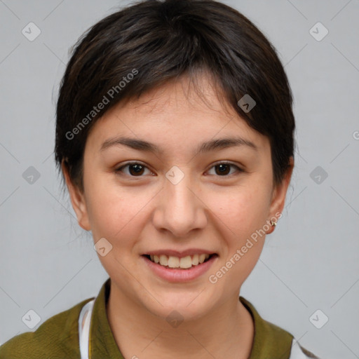 Joyful white young-adult female with medium  brown hair and brown eyes