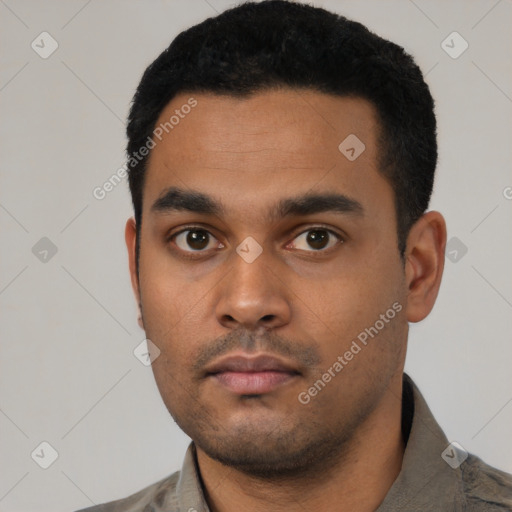 Neutral latino young-adult male with short  black hair and brown eyes