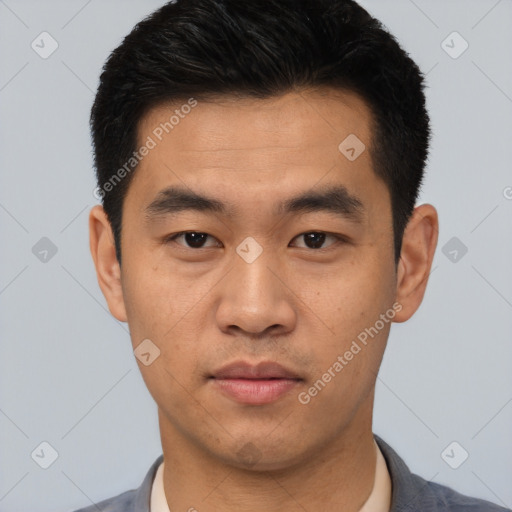 Neutral asian young-adult male with short  black hair and brown eyes