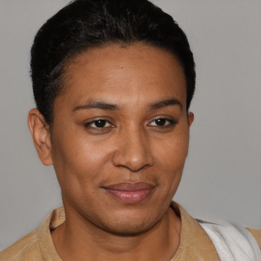 Joyful black young-adult female with short  black hair and brown eyes