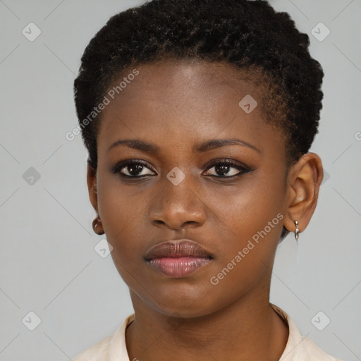 Neutral black young-adult female with short  brown hair and brown eyes