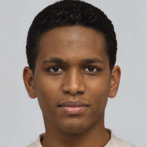 Neutral black young-adult male with short  black hair and brown eyes