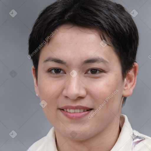 Joyful white young-adult female with short  brown hair and brown eyes