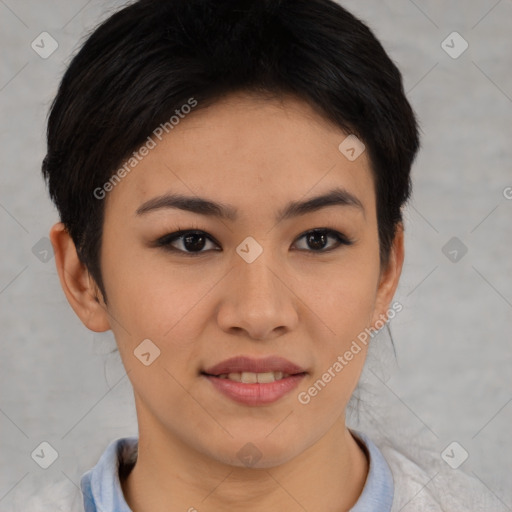 Joyful asian young-adult female with short  brown hair and brown eyes