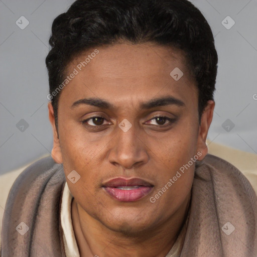 Joyful black adult male with short  brown hair and brown eyes