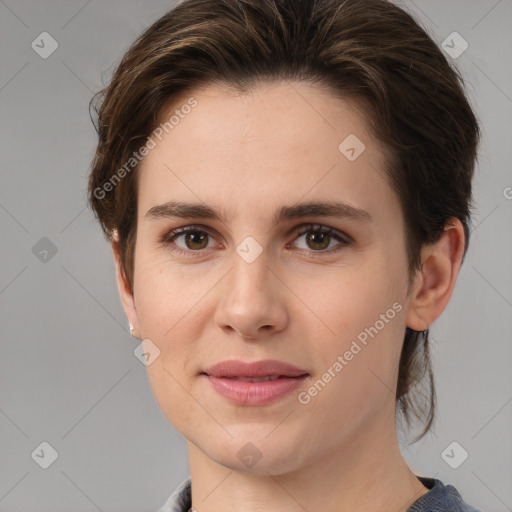 Joyful white young-adult female with medium  brown hair and grey eyes