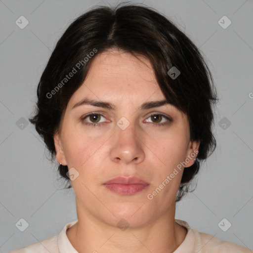 Neutral white young-adult female with medium  brown hair and brown eyes