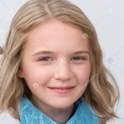 Joyful white child female with medium  brown hair and blue eyes