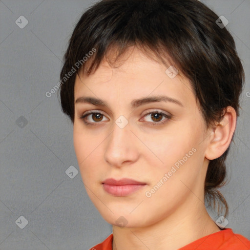 Neutral white young-adult female with medium  brown hair and brown eyes