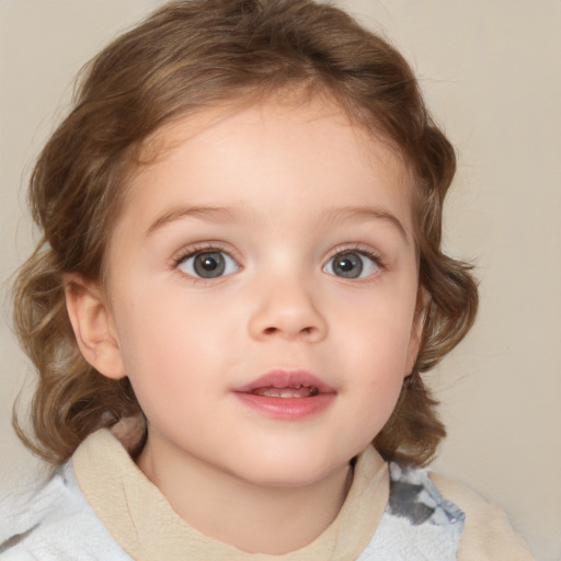 Neutral white child female with medium  brown hair and blue eyes