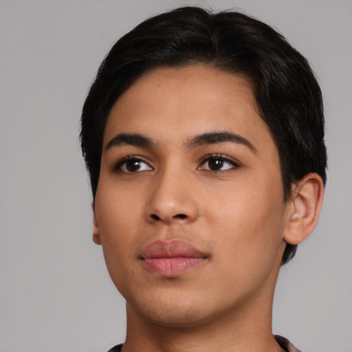 Neutral latino young-adult female with short  black hair and brown eyes