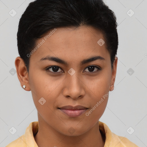 Joyful asian young-adult female with short  brown hair and brown eyes