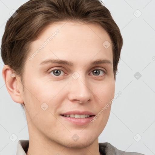 Joyful white young-adult female with short  brown hair and grey eyes