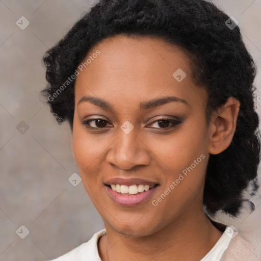 Joyful latino young-adult female with short  black hair and brown eyes