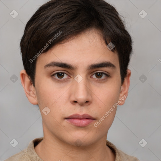 Neutral white young-adult male with short  brown hair and brown eyes