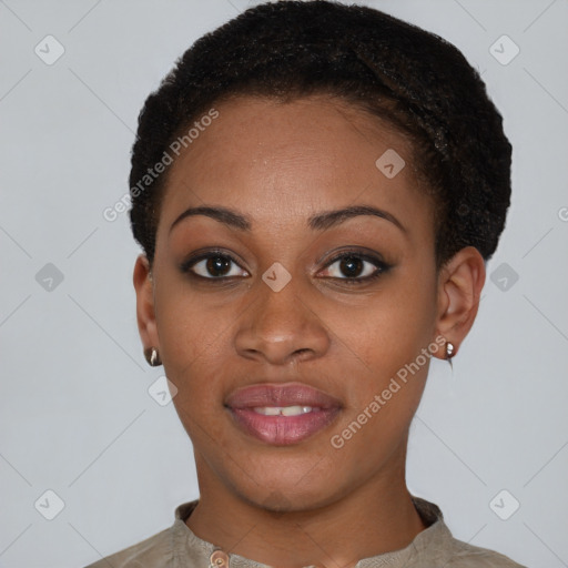 Joyful black young-adult female with short  brown hair and brown eyes