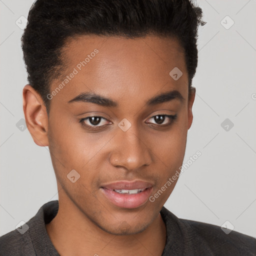 Joyful black young-adult male with short  brown hair and brown eyes