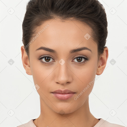 Neutral white young-adult female with short  brown hair and brown eyes