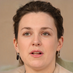 Neutral white young-adult female with short  brown hair and brown eyes