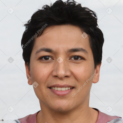 Joyful latino young-adult male with short  brown hair and brown eyes