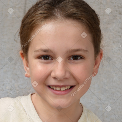 Joyful white child female with short  brown hair and brown eyes