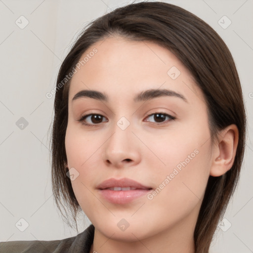 Neutral white young-adult female with medium  brown hair and brown eyes