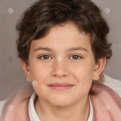 Joyful white child female with medium  brown hair and brown eyes