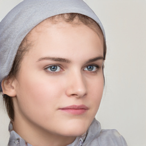 Neutral white young-adult female with medium  brown hair and brown eyes