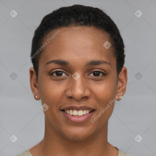 Joyful black young-adult female with short  brown hair and brown eyes