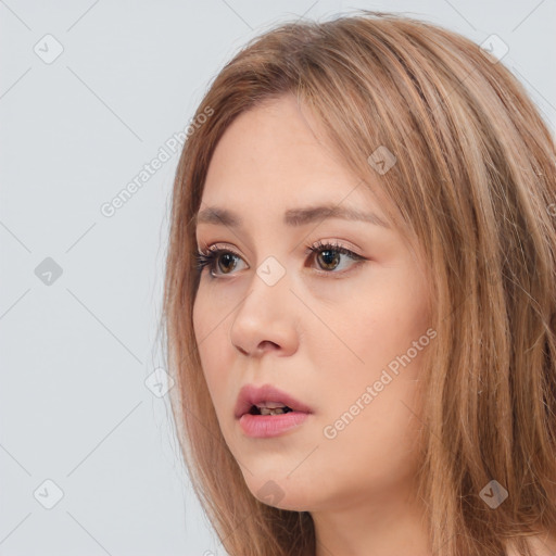 Neutral white young-adult female with long  brown hair and brown eyes