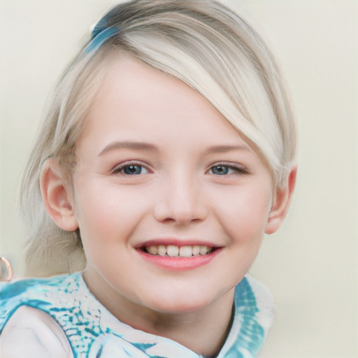 Joyful white child female with medium  brown hair and blue eyes