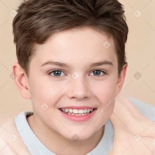 Joyful white child female with short  brown hair and brown eyes