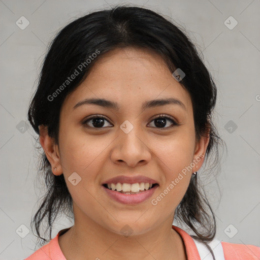 Joyful latino young-adult female with medium  black hair and brown eyes