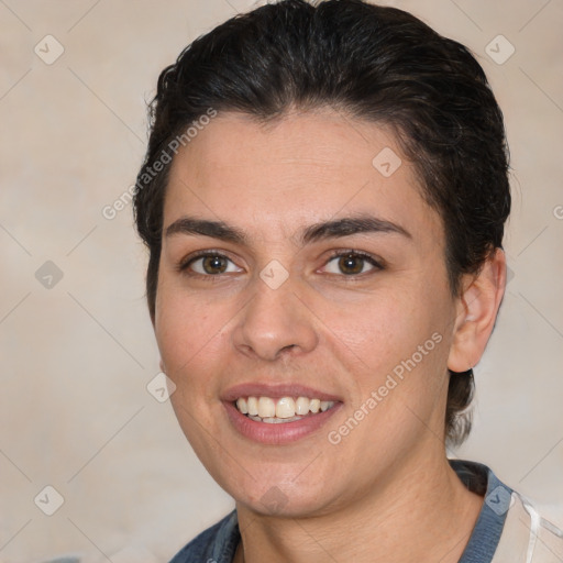 Joyful white young-adult female with short  brown hair and brown eyes