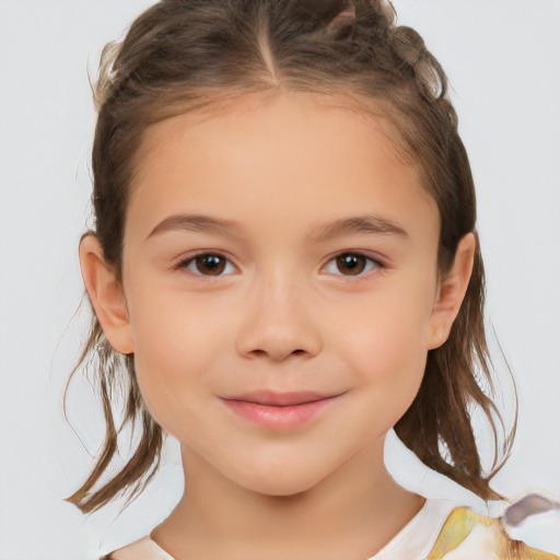 Joyful white child female with medium  brown hair and brown eyes